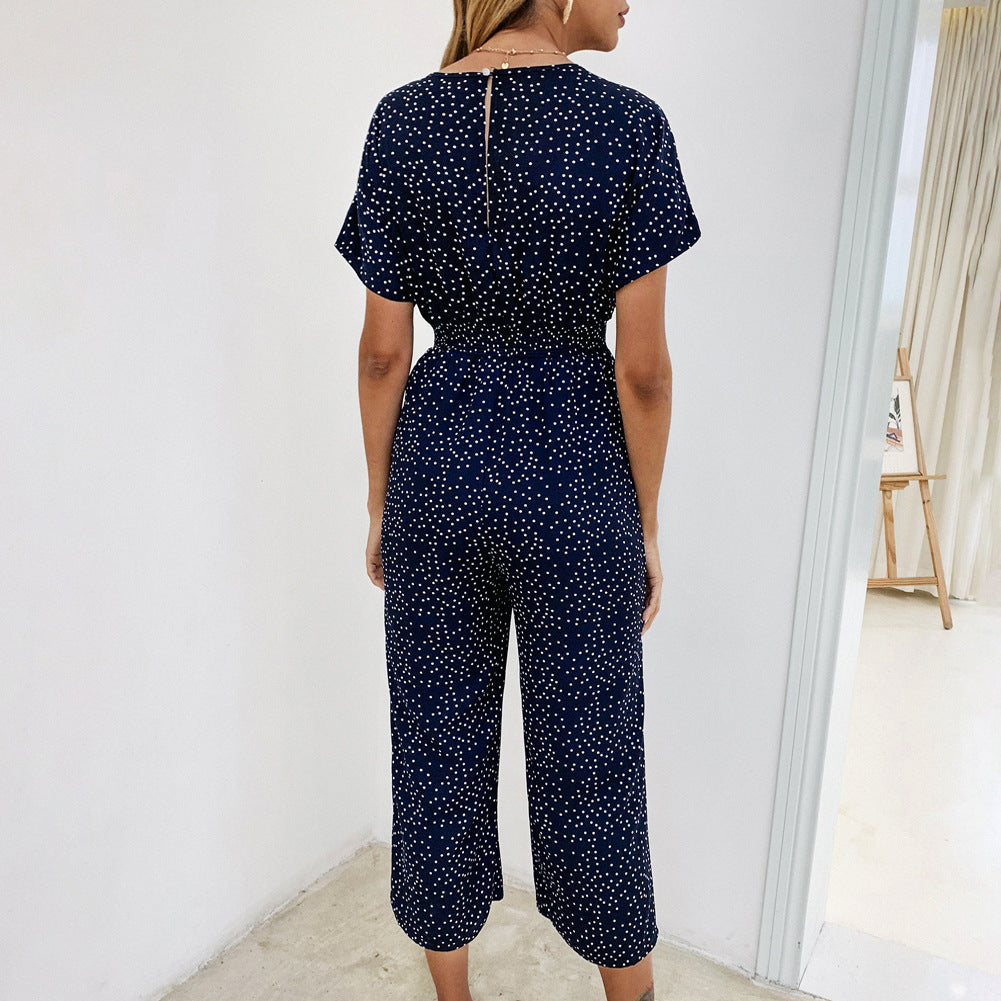 V Neck Wide Leg Polka Dot Jumpsuit