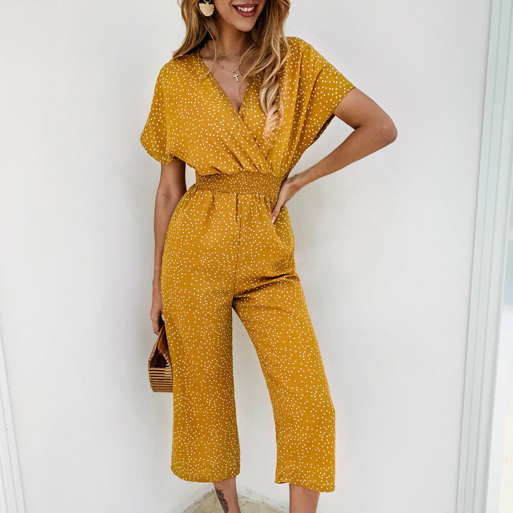 V Neck Wide Leg Polka Dot Jumpsuit