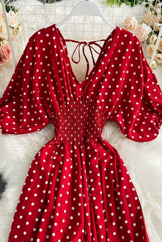 Polka Dot Puff Short Sleeve High Waist Jumpsuit