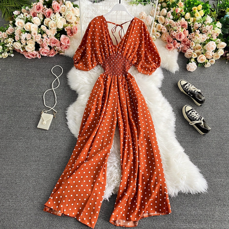 Polka Dot Puff Short Sleeve High Waist Jumpsuit