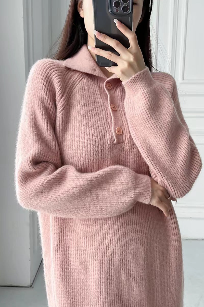Solid color buttoned turtleneck knitted dress