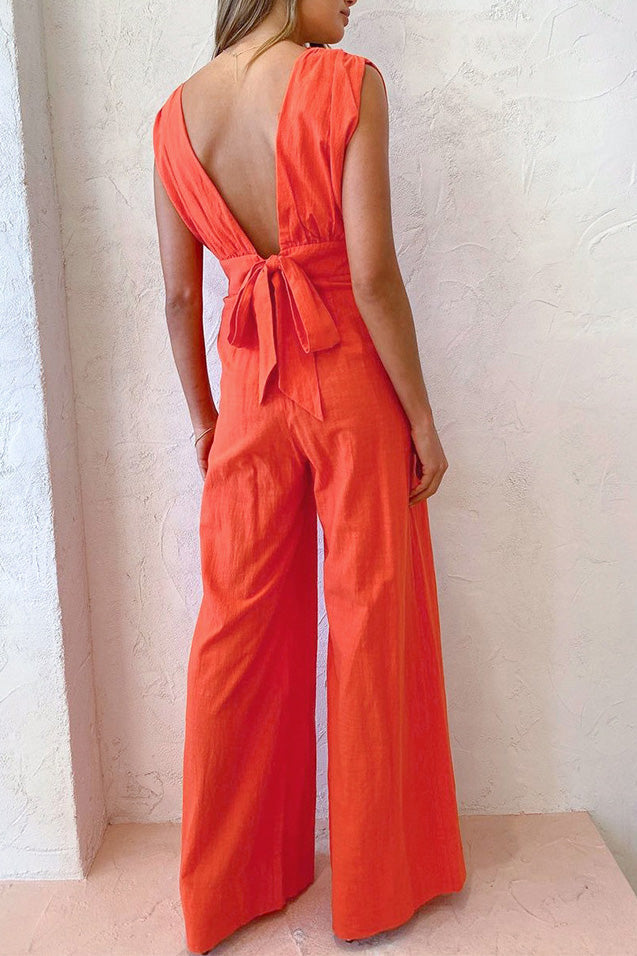 Deep V Cotton and linen Loose Sleeveless Jumpsuit