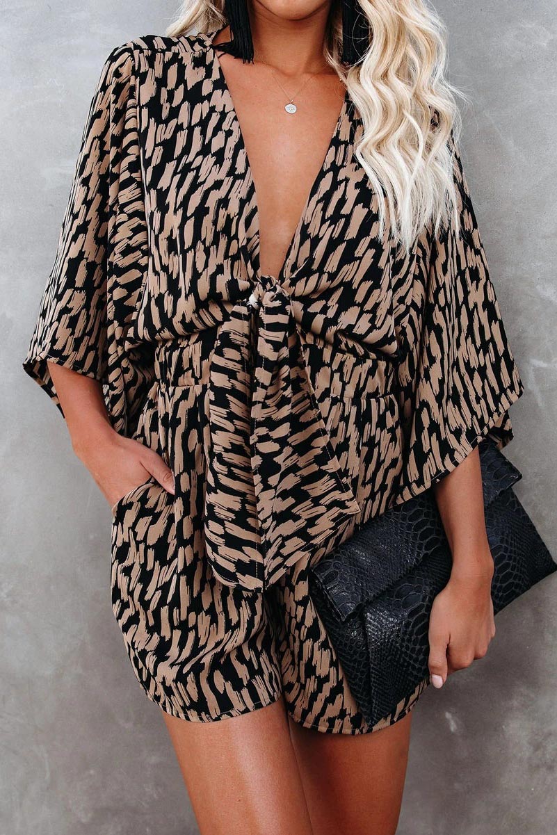 Printed V-neck Tie Loose Romper