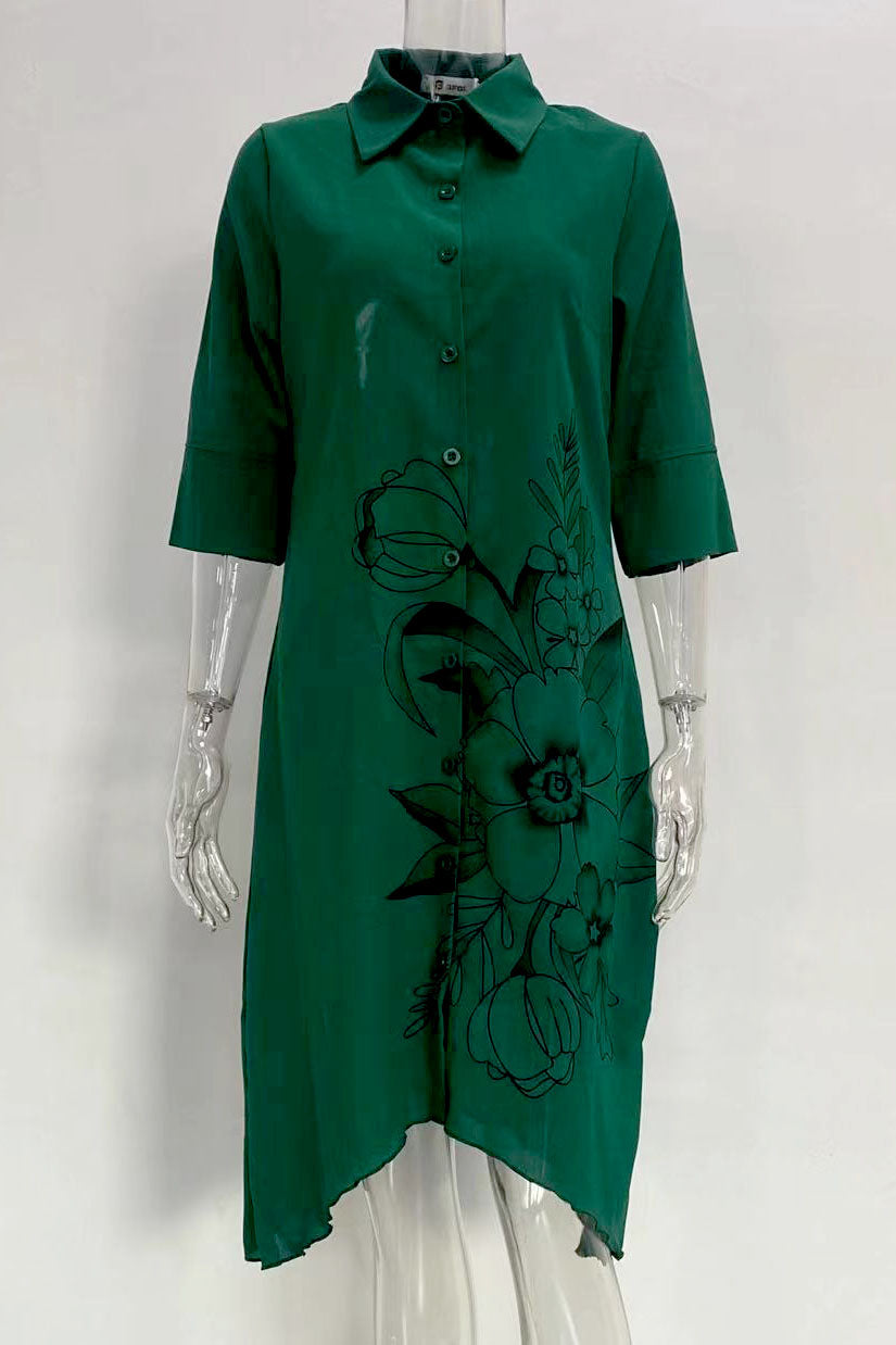 Loose printed mid-length irregular lapel dress