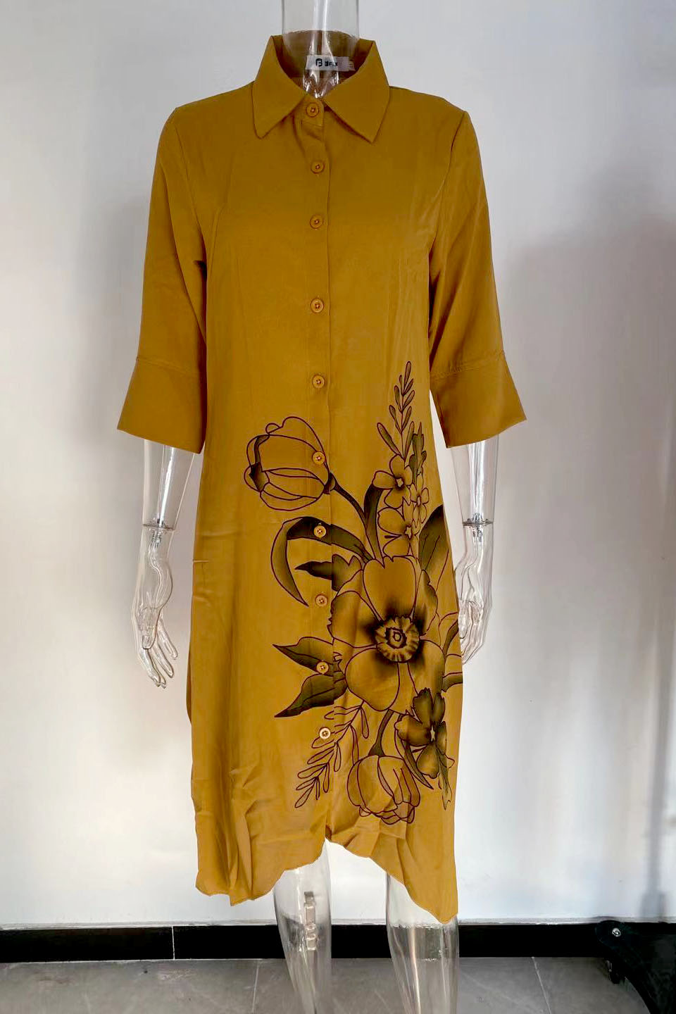 Loose printed mid-length irregular lapel dress