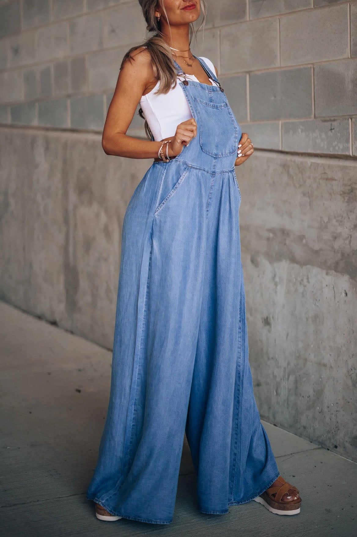 Sleeveless Denim Strappy Wide leg Pants