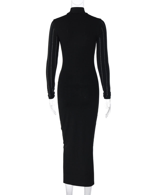 Black diamond-embellished slim high-neck dress