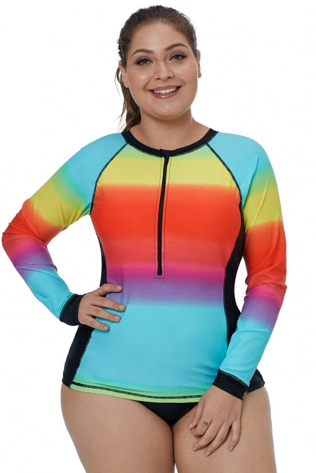 Ombre Color Block Long Sleeve Rash Guard Top