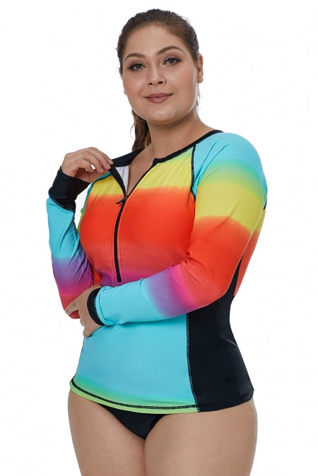 Ombre Color Block Long Sleeve Rash Guard Top