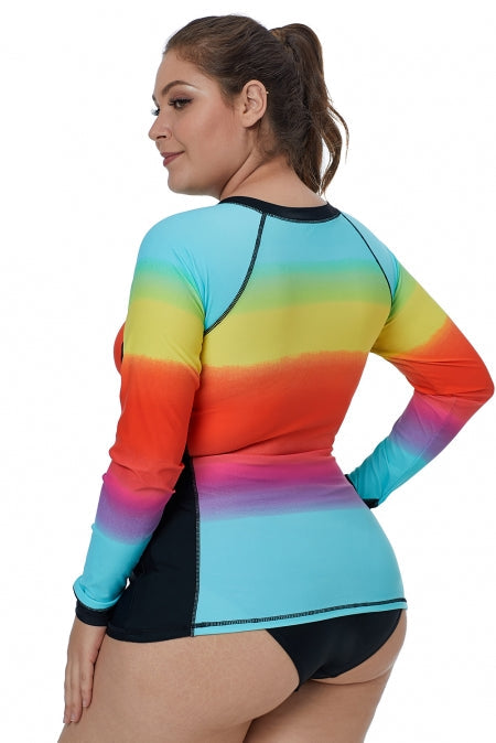 Ombre Color Block Long Sleeve Rash Guard Top