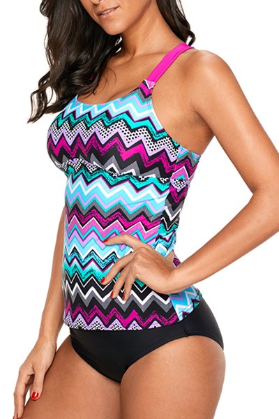 Purple Blue Zigzag Print Y Back Tankini Top