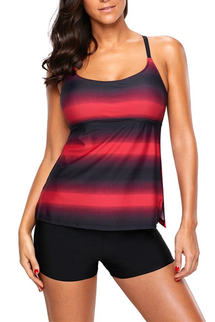 Rosy Black Colorblock Strappy Hollow-out Back Tankini