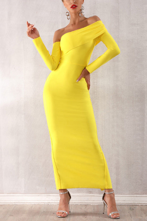 Yellow Off Shoulder Split Back Bandage Dress