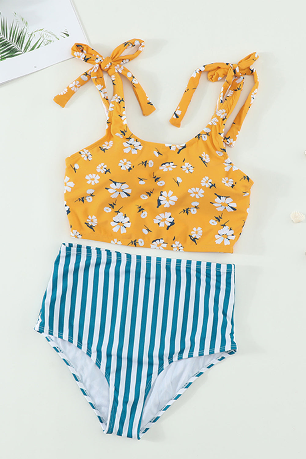 Yellow Floral Print Shoulder Tie 2 Piece Tankini Swimsuit