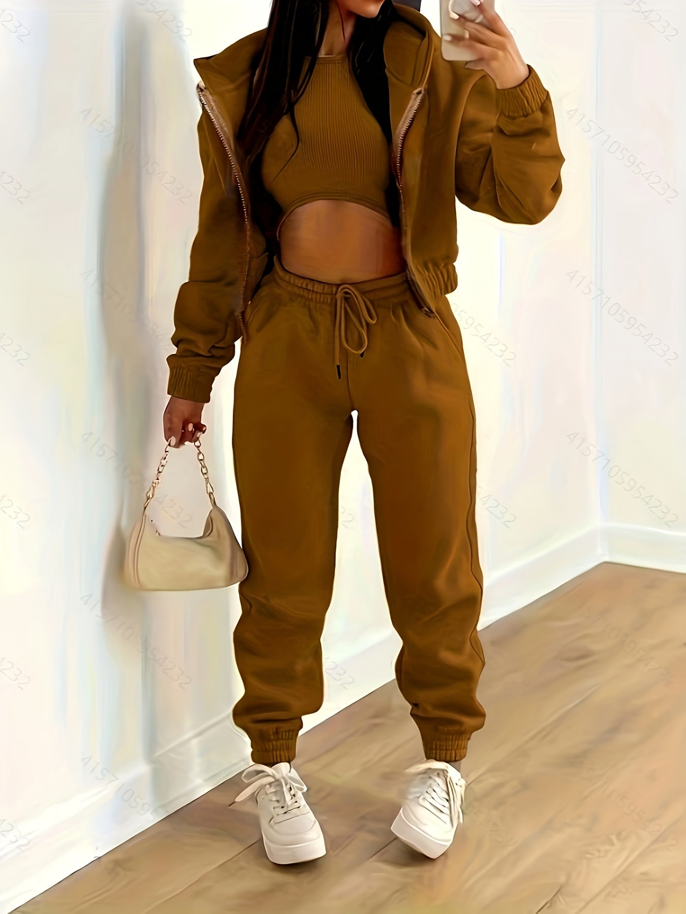 Zip Up Hooded Jacket & Tank Top & Jogger Pants Three-piece Set Outfits