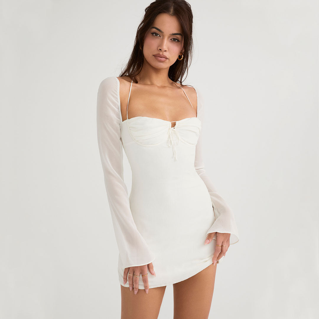 Chic Ruched Halter Neck Drawstring Long Sleeve Mini Dress - White