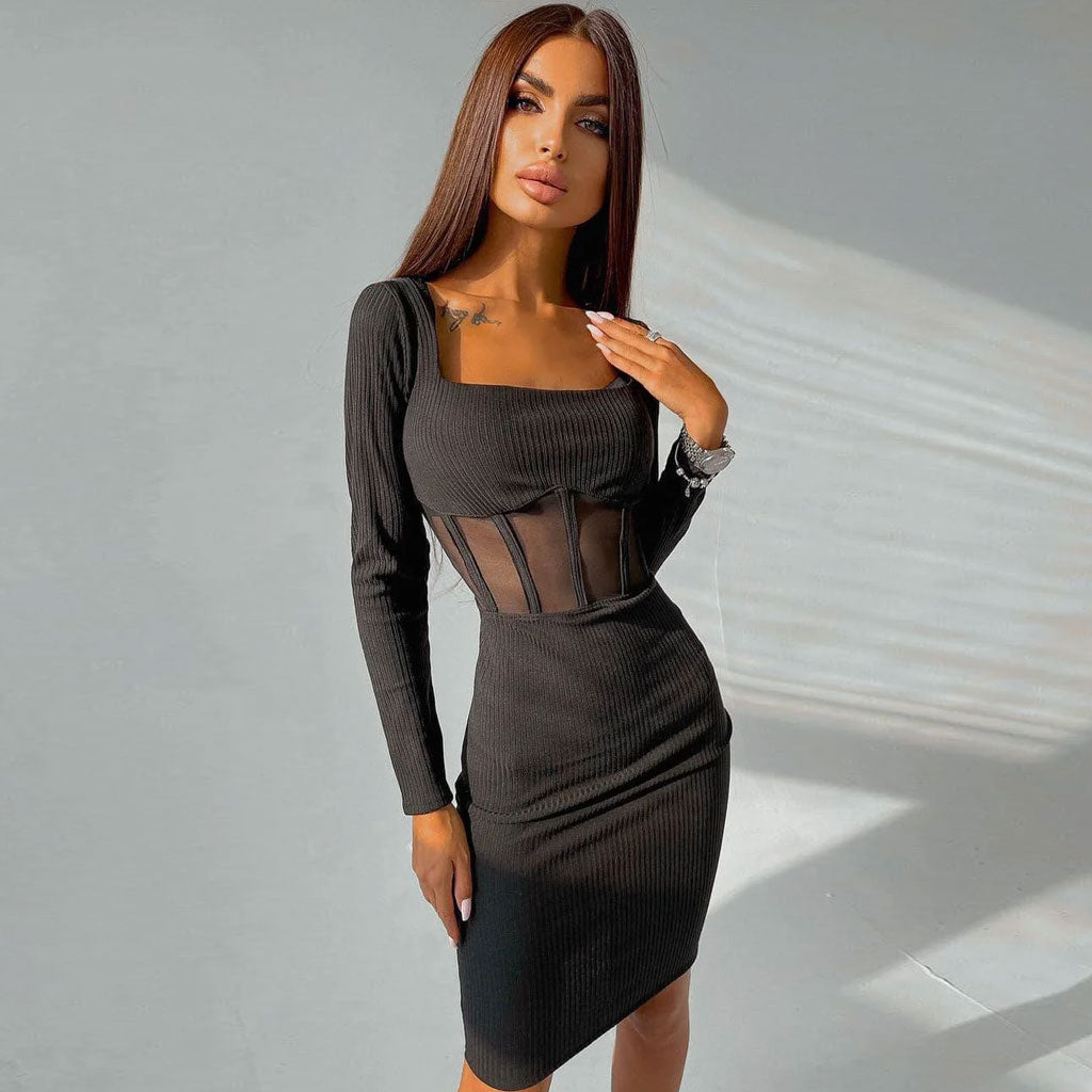 Chic Square Neck Long Sleeve Mesh Panel Rib Knit Midi Dress - Black