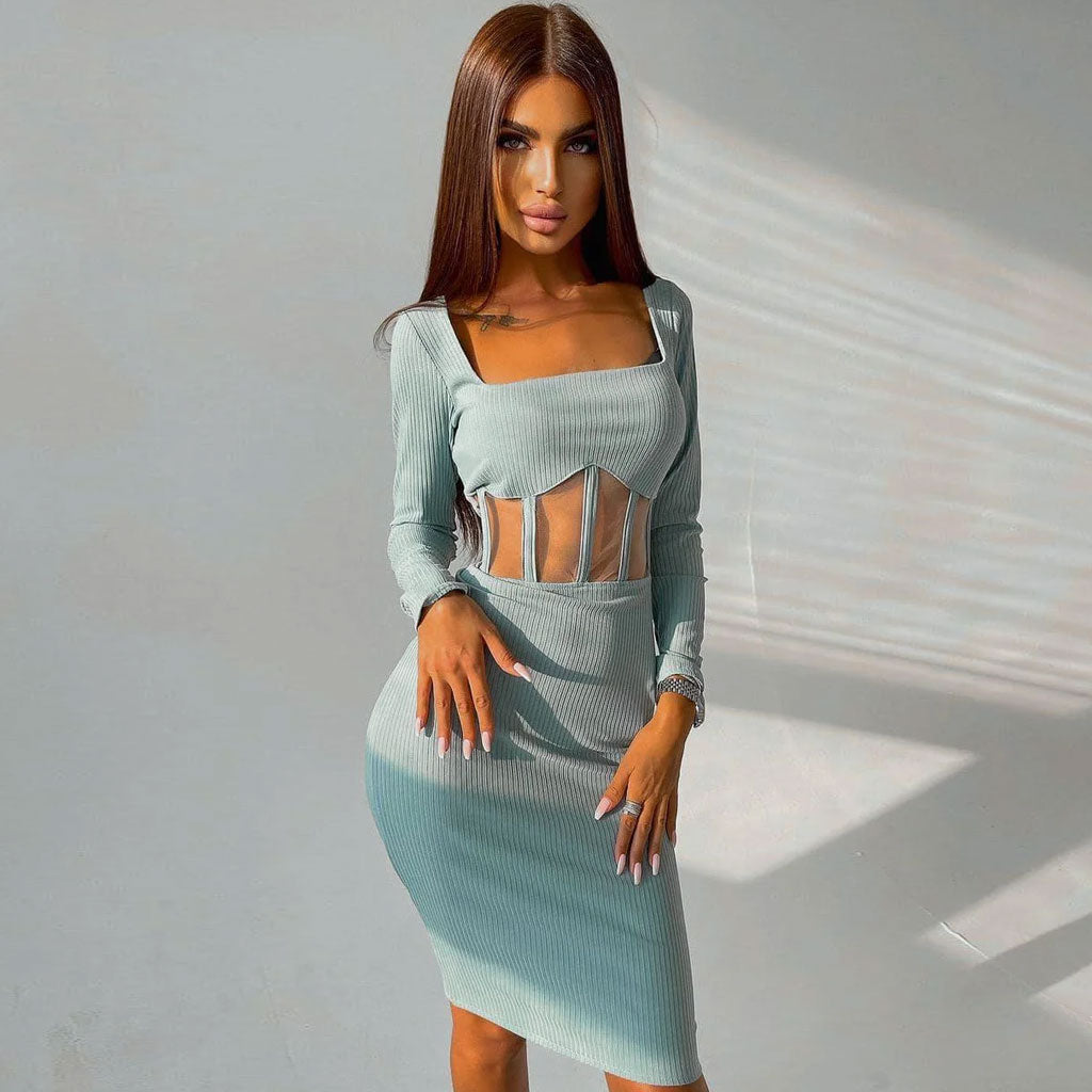 Chic Square Neck Long Sleeve Mesh Panel Rib Knit Midi Dress - Teal