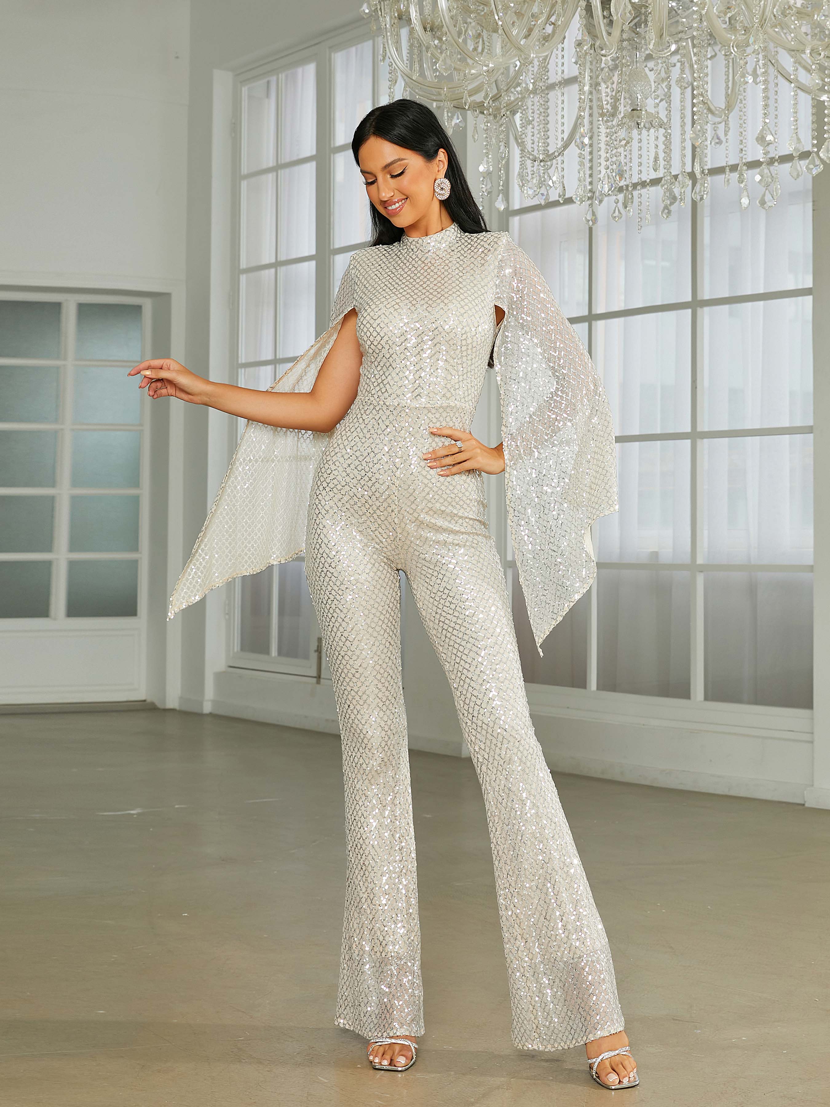 Stand Collar Cape Sleeve Sequin Jumpsuits RH30599