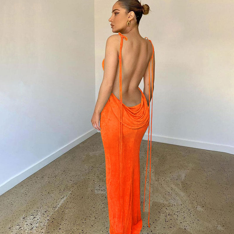 Pretty Cowl Neck Strappy Draped Backless Maxi Dress - Bright Orange