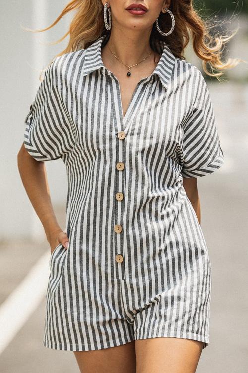 Printed Striped Pocket Single Breasted Jumpsuit