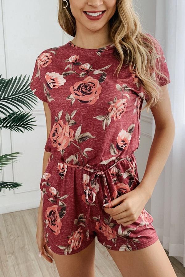 Round Neck Printed Button Drawstring Jumpsuit