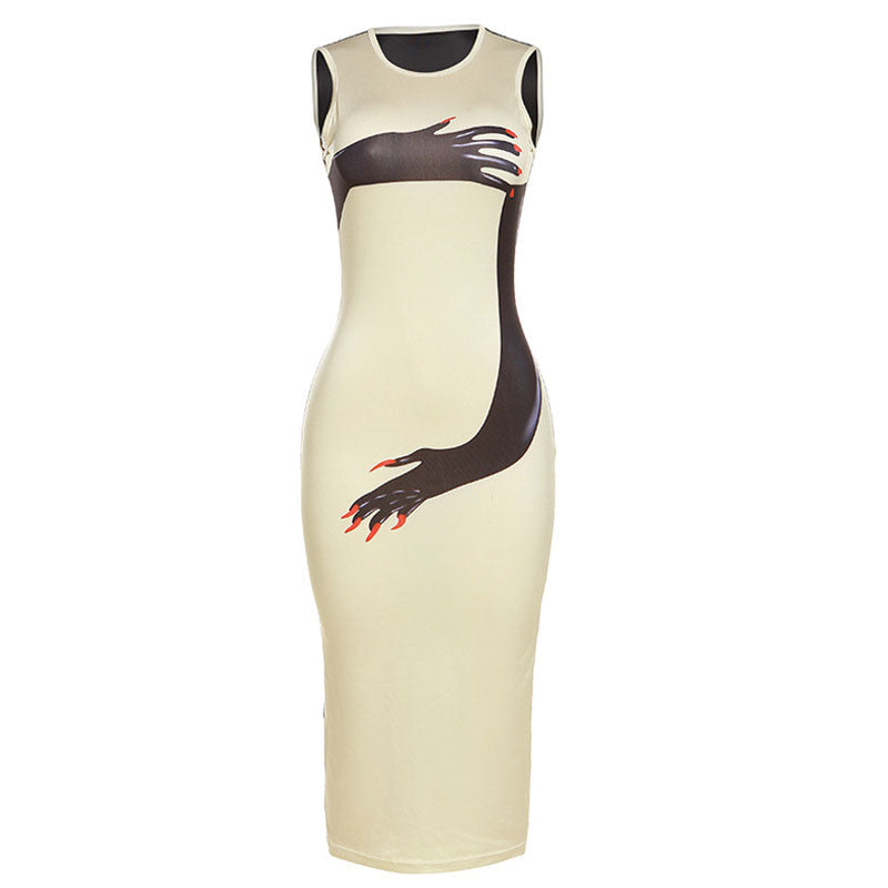 Sexy Crew Neck Glove Print Bodycon Sleeveless Party Midi Dress - Khaki