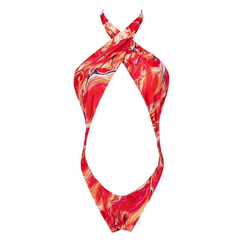 Sexy Printed High Leg Low Back Cutout One Piece Swimsuit - Red