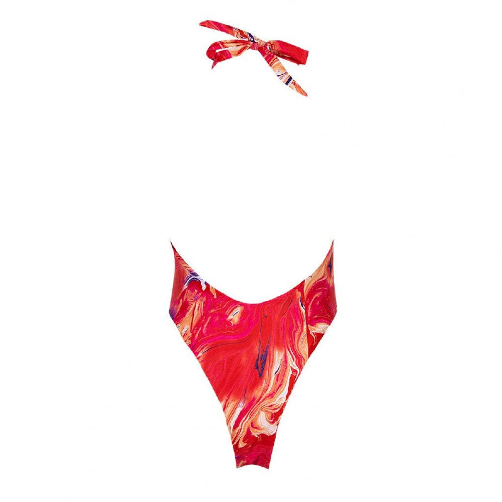Sexy Printed High Leg Low Back Cutout One Piece Swimsuit - Red