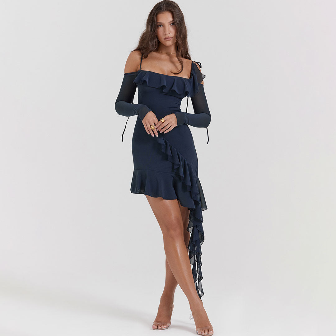 Sexy Ruffle Sash Cold Shoulder Mesh Sheer Club Mini Dress - Navy Blue