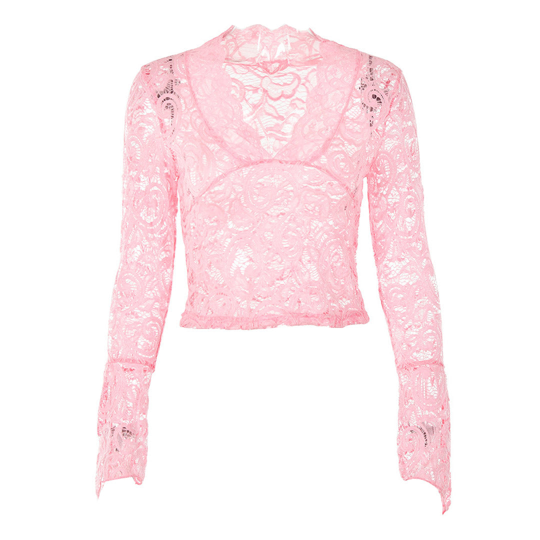 Sexy Sheer Scalloped V Neck Flared Sleeve Lace Crop Top - Pink