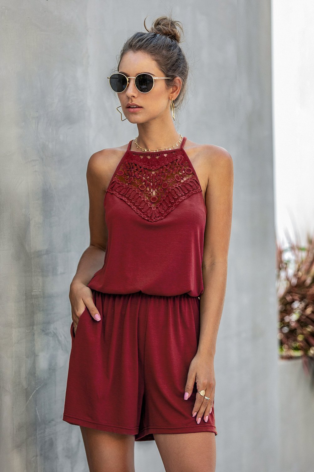 Sleeveless Lace Hollow Halter Romper